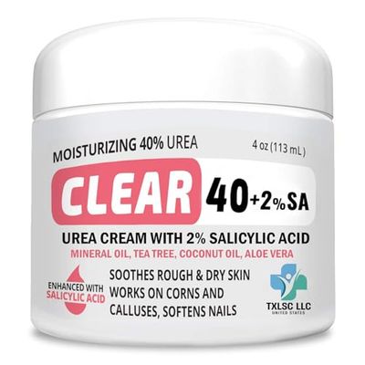 CLEAR Urea Cream 40 Percent Plus 2% Salicylic Acid (4oz) Made in USA | Urea Foot &amp; Hand Cream Softens Cracked Heels &amp; Dry Skin with Tea Tree &amp; Coconut Oil - Callus &amp; Corn Treatment