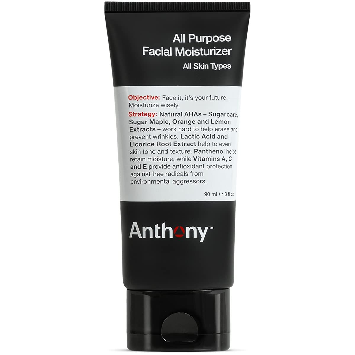 Anthony All-Purpose Facial Moisturizer - Mens Hydrating Lotion for Dry Skin - Lightweight, Non-Comedogenic, Anti-Aging Formula - 3 Fl Oz