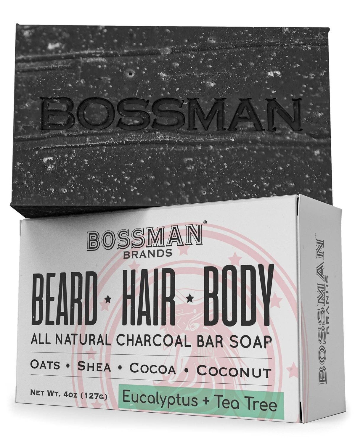 Bossman Mens Bar Soap 4-in-1 - All Natural Organic Beard Wash, Shampoo, Body Wash, Shaving and Bath Soap - Essential Beard Care (4oz), Scent- Eucalyptus and Tea Tree (1)