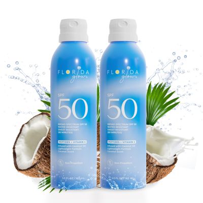 Florida Glow SPF 50 Sunscreen Spray- Hawaii 104 Reef Act &amp; Florida Keys Compliant Broad Spectrum Water Resistant Sport Sun screen - Child Friendly PABA Free &amp; Oxybenzone Free (5.5 Fl Oz 2-pack)