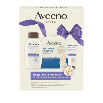 Aveeno Stress Relief Gift Set, Skincare Set for Sensitive Skin with Soothing Body Wash &amp; Moisturizing Body Lotion, plus, Skin Relief Repairing Hand Masks for Very Dry Skin, 3 Items