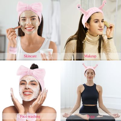 Atoden Spa Headband and Wristband Set Skincare Headband Makeup Headband Bowknot Snail Headbands Wrist Bands for Washing Face Cute Animal Face Wash Headband for Women Girls (Pink)
