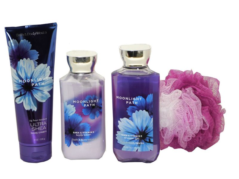Bath &amp; Body Works Signature Collection Moonlight Path Gift Set - Bundle - 4 items: Ultra Shea Cream, Body Lotion, Shower Gel, and Shower Sponge