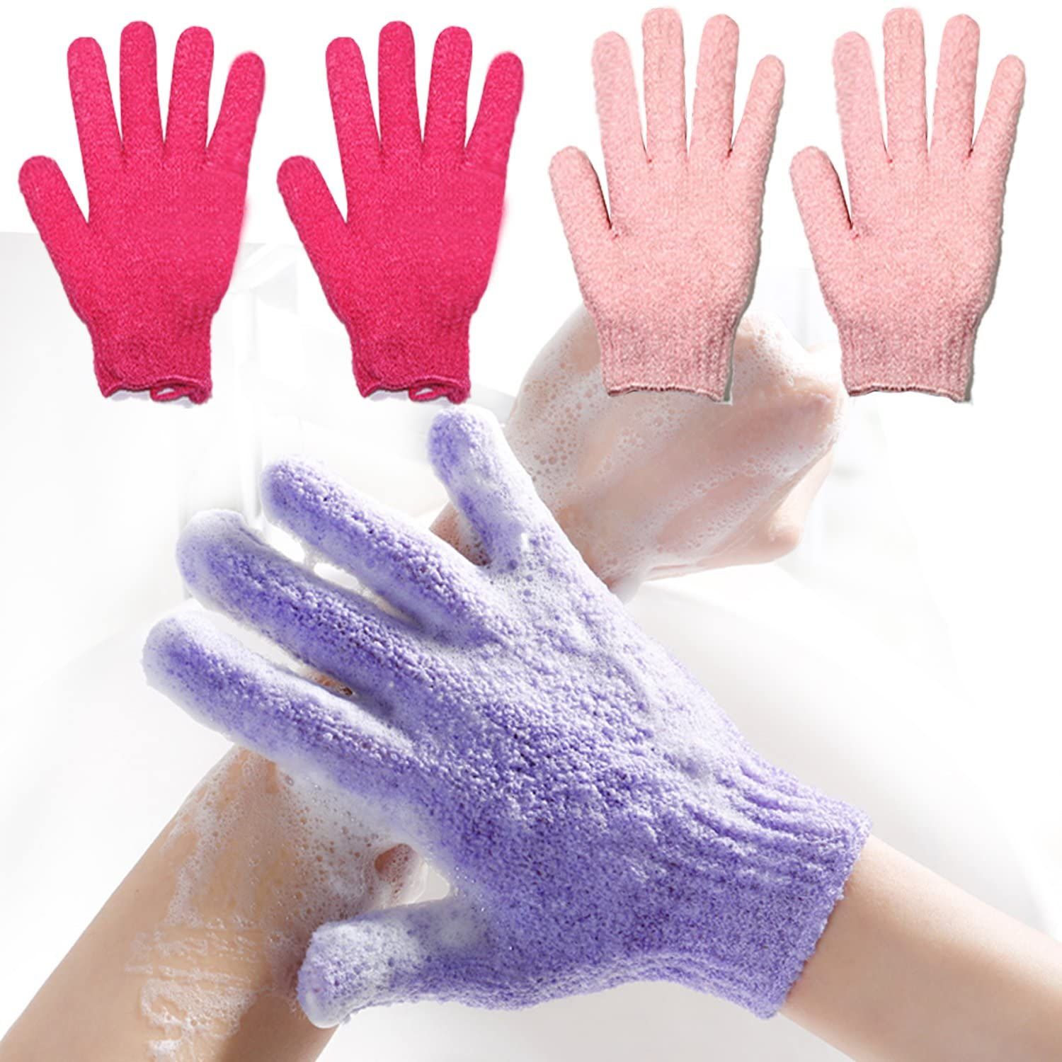 Exfoliating Bath Loofah Gloves Body Scrub Wash Mitts Skin Massage Sponge Towel Deep Cleansing Dead Skin Brush Scrub Luxury Spa Heavy with Lanyard Scrubber 2 Pair (Pink and red)