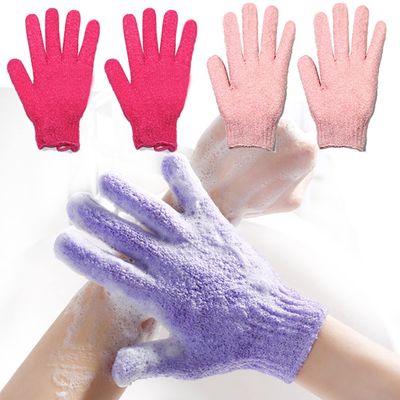 Exfoliating Bath Loofah Gloves Body Scrub Wash Mitts Skin Massage Sponge Towel Deep Cleansing Dead Skin Brush Scrub Luxury Spa Heavy with Lanyard Scrubber 2 Pair (Pink and red)
