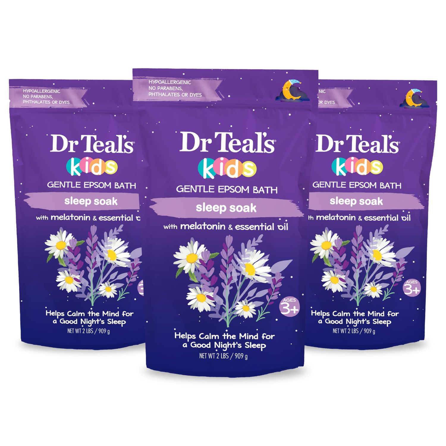 Dr Teal&#39;s Kids Gentle Epsom Salt, Sleep Soak with Melatonin &amp; Essential Oil Blend, 2 lbs (Pack of 3)