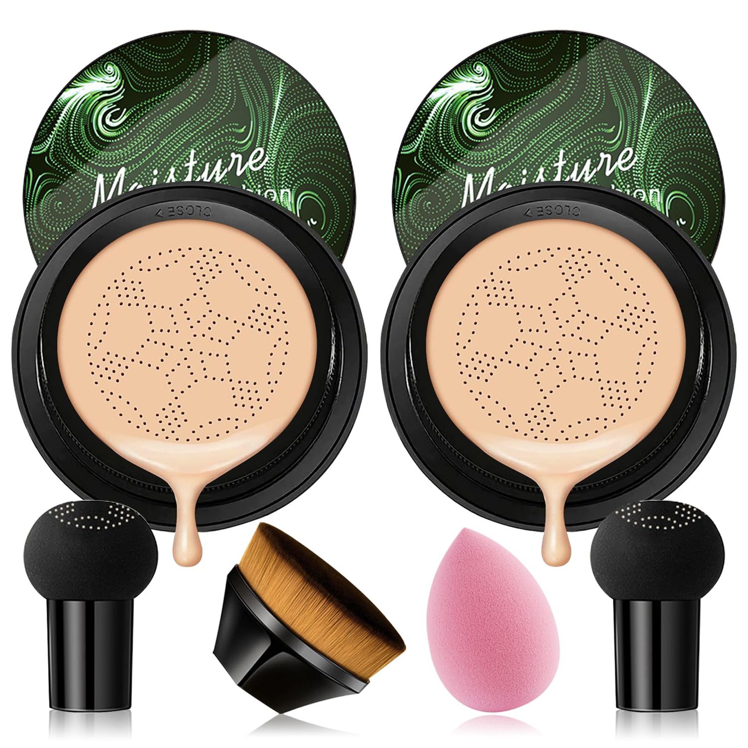 2PCS Mushroom Head Air Cushion CC Cream, Moisturizing Lasting Oil Control BB Cream for All Skin Types, Full Coverage Concealer Liquid Foundation Face Makeup Set with Foundation Brush &amp; Makeup Sponge