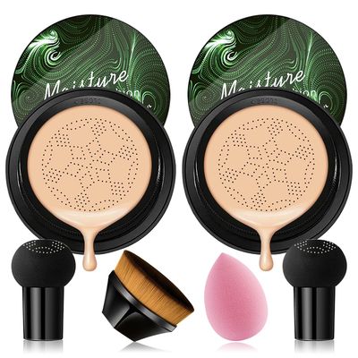 2PCS Mushroom Head Air Cushion CC Cream, Moisturizing Lasting Oil Control BB Cream for All Skin Types, Full Coverage Concealer Liquid Foundation Face Makeup Set with Foundation Brush &amp; Makeup Sponge