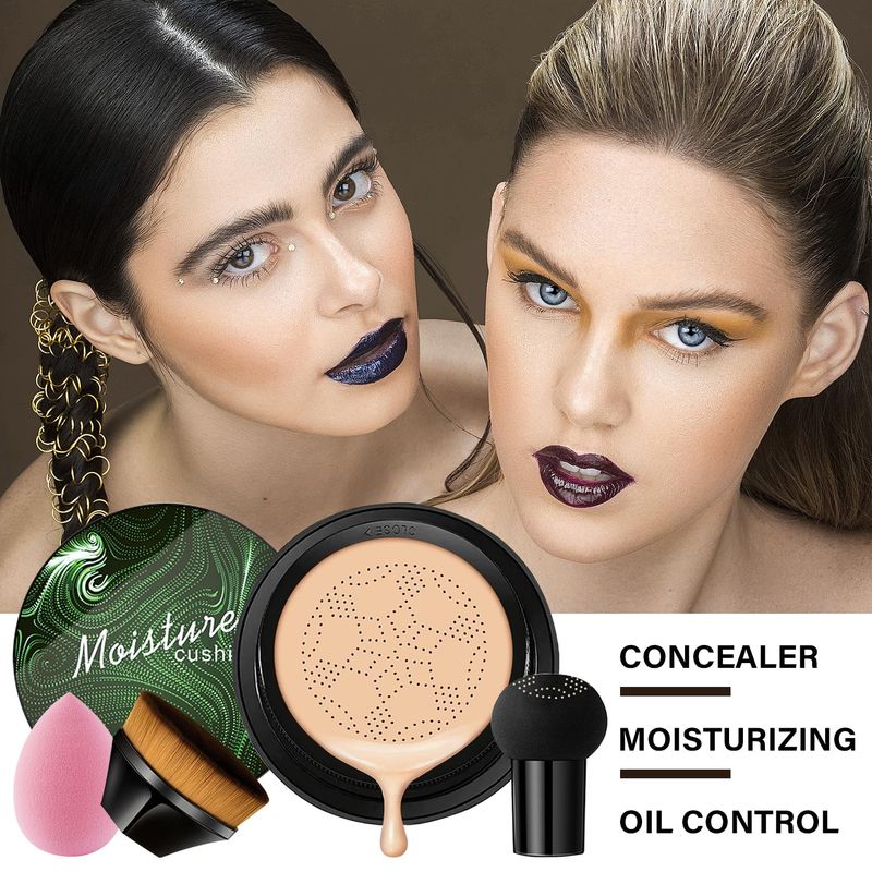 2PCS Mushroom Head Air Cushion CC Cream, Moisturizing Lasting Oil Control BB Cream for All Skin Types, Full Coverage Concealer Liquid Foundation Face Makeup Set with Foundation Brush &amp; Makeup Sponge