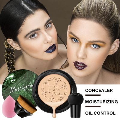 2PCS Mushroom Head Air Cushion CC Cream, Moisturizing Lasting Oil Control BB Cream for All Skin Types, Full Coverage Concealer Liquid Foundation Face Makeup Set with Foundation Brush &amp; Makeup Sponge