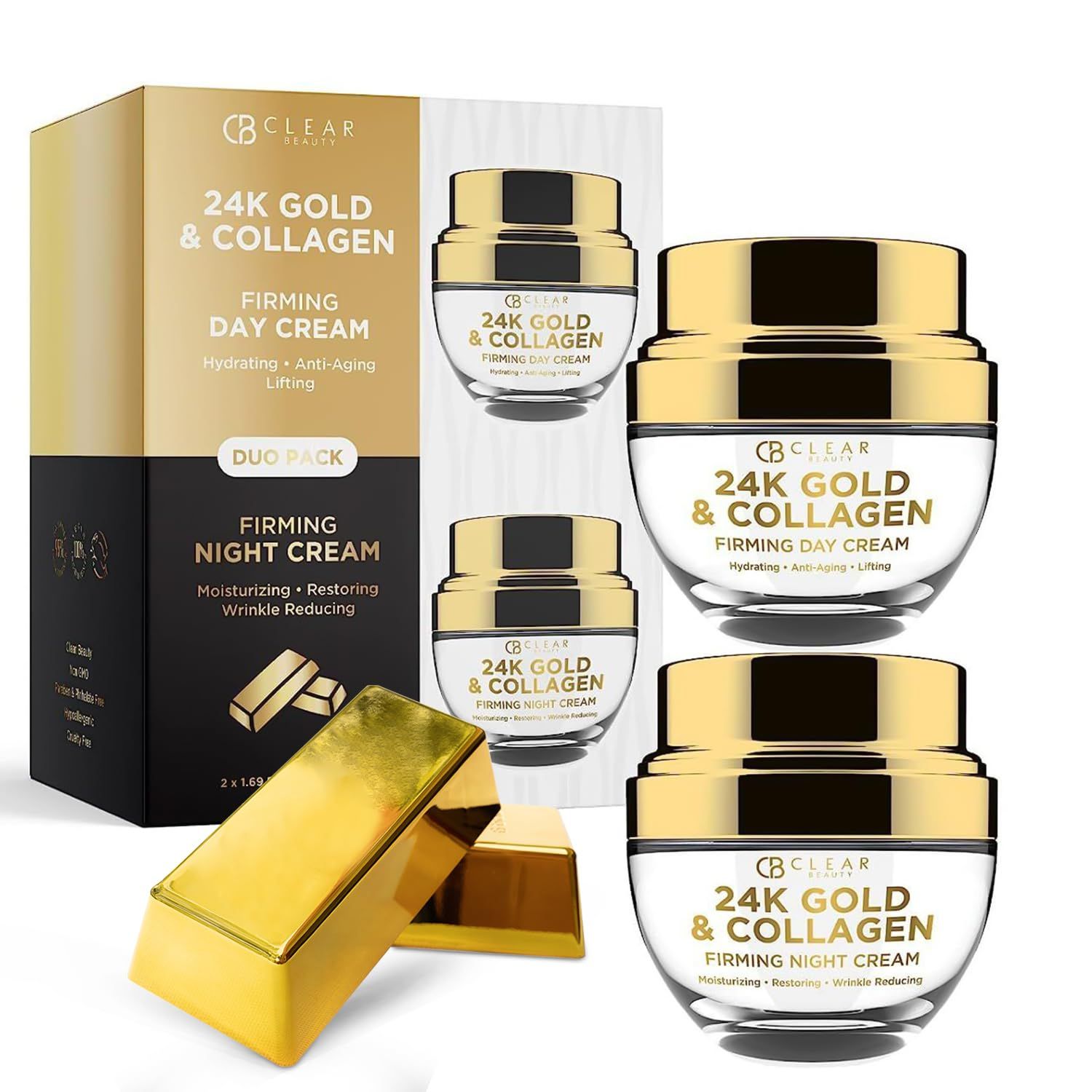Clear Beauty 24K Gold &amp; Collagen Day/Night Moisturizer Set - Dermatologist Tested, Hydrating, Anti-Aging Cream, Natural Ingredients, Cruelty Free Korean Skin Care, All Skin Types - Value Pack