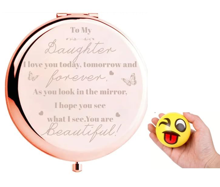 Daughter Birthday Gift Compact Mirror from Mom Dad, to My Daughter Gorgeous Rose Gold Compact Mirror Unique Daughter Gift for Girls Women Graduation + Stress Relief Ball Emoji Bonus (Random-1 Piece)