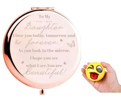 Daughter Birthday Gift Compact Mirror from Mom Dad, to My Daughter Gorgeous Rose Gold Compact Mirror Unique Daughter Gift for Girls Women Graduation + Stress Relief Ball Emoji Bonus (Random-1 Piece)