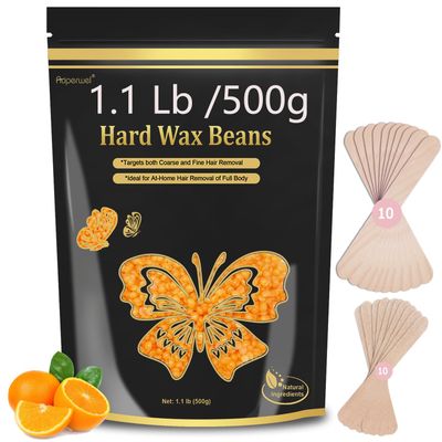 Hard Wax Beads for Hair Removal - 1.1lb/17.05oz Waxing Beads for Coarse Hair, Sensitive Skin, Brazilian Bikini,Underarms,Face,Body - Wax Beans Bulk with 20 Wax Sticks Refill Pearl Beans(Orange)