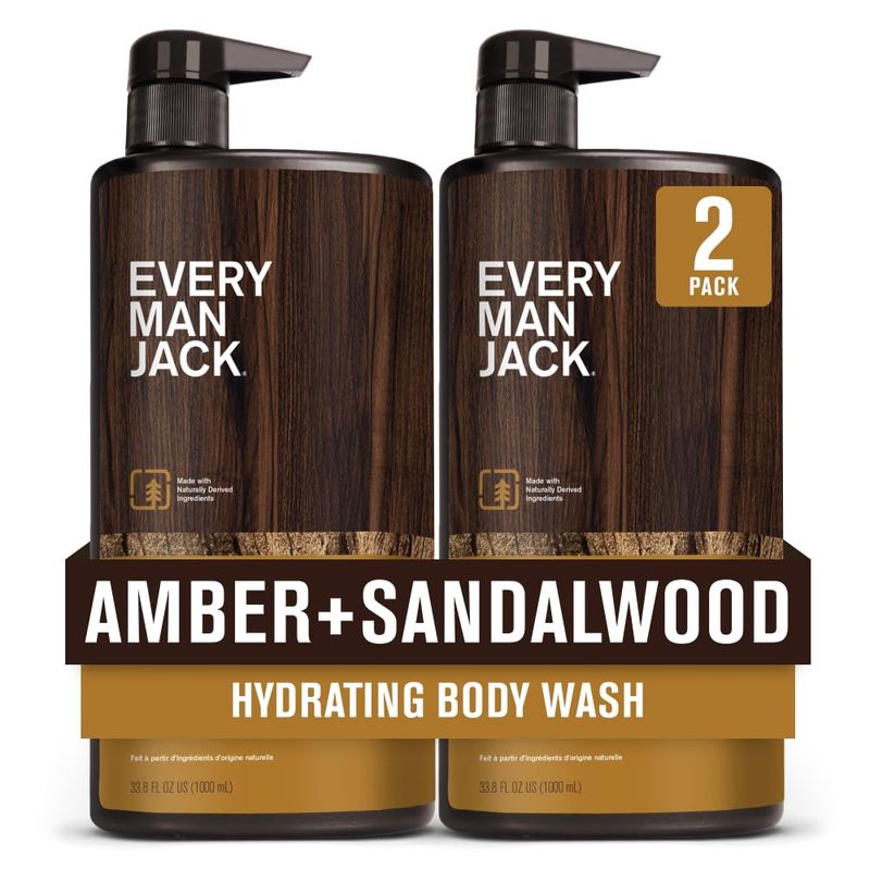 Every Man Jack Amber + Sandalwood Mens Body Wash for All Skin Types - Cleanse, Hydrate, and Smell Great - Free of Parabens, Phtalates, and Dyes - 33.8 fl oz (2 Pack)