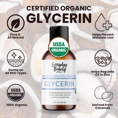 100% Organic Glycerin - For Skin &amp; Hair - Food Grade - USDA Certified - Not From Palm Oil - Perfect Skin and Hair Moisturizer - 4 Fl Oz