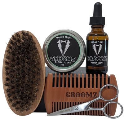 GROOMZ Beard Grooming Kit signature Oil and Balm, Comb, Brush, Scissors (Alpha Scent)