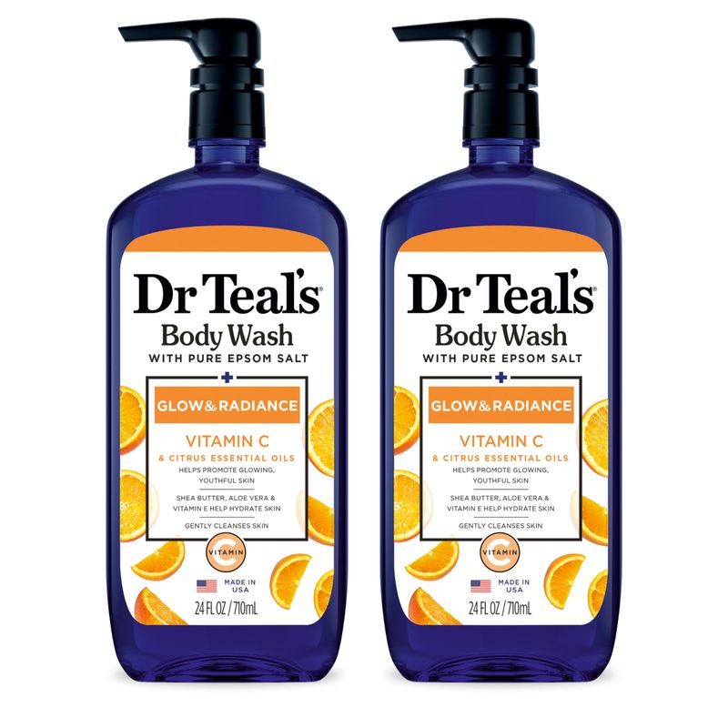Dr Teal&#39;s Body Wash with Pure Epsom Salt, Glow &amp; Radiance with Vitamin C &amp; Citrus Essential Oils, 24oz (Pack of 2)
