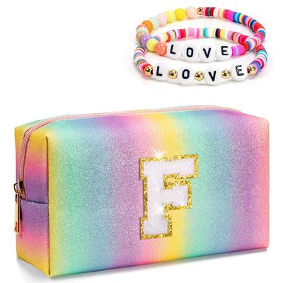 Freesya Preppy Makeup Bag, Gifts for Girls Teen Girls, Initial Toiletry Bag for Kids, Personalized Skin Care Zipper Bag, Girls Accessory Pouch, Cute Tween Girls Trendy Stuff (Medium)