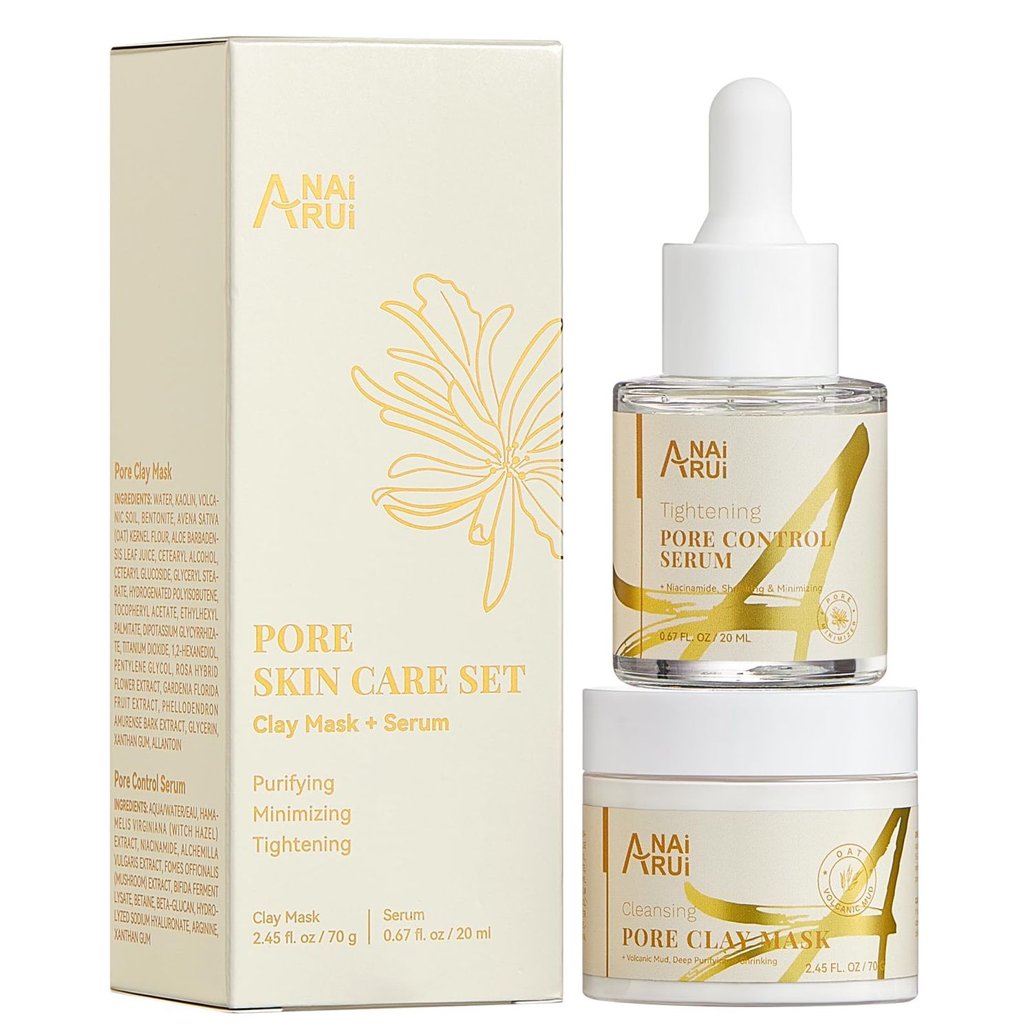 ANAI RUI 2 in-1 Pore SkinCare Set, Pore Clay Mask+Pore Minimizing Serum,Volcanic Pore Clay Mask for Nose&amp;Face, Pore Reducer, Sebum Control Pore Exfoliating Solution, Skincare for Women
