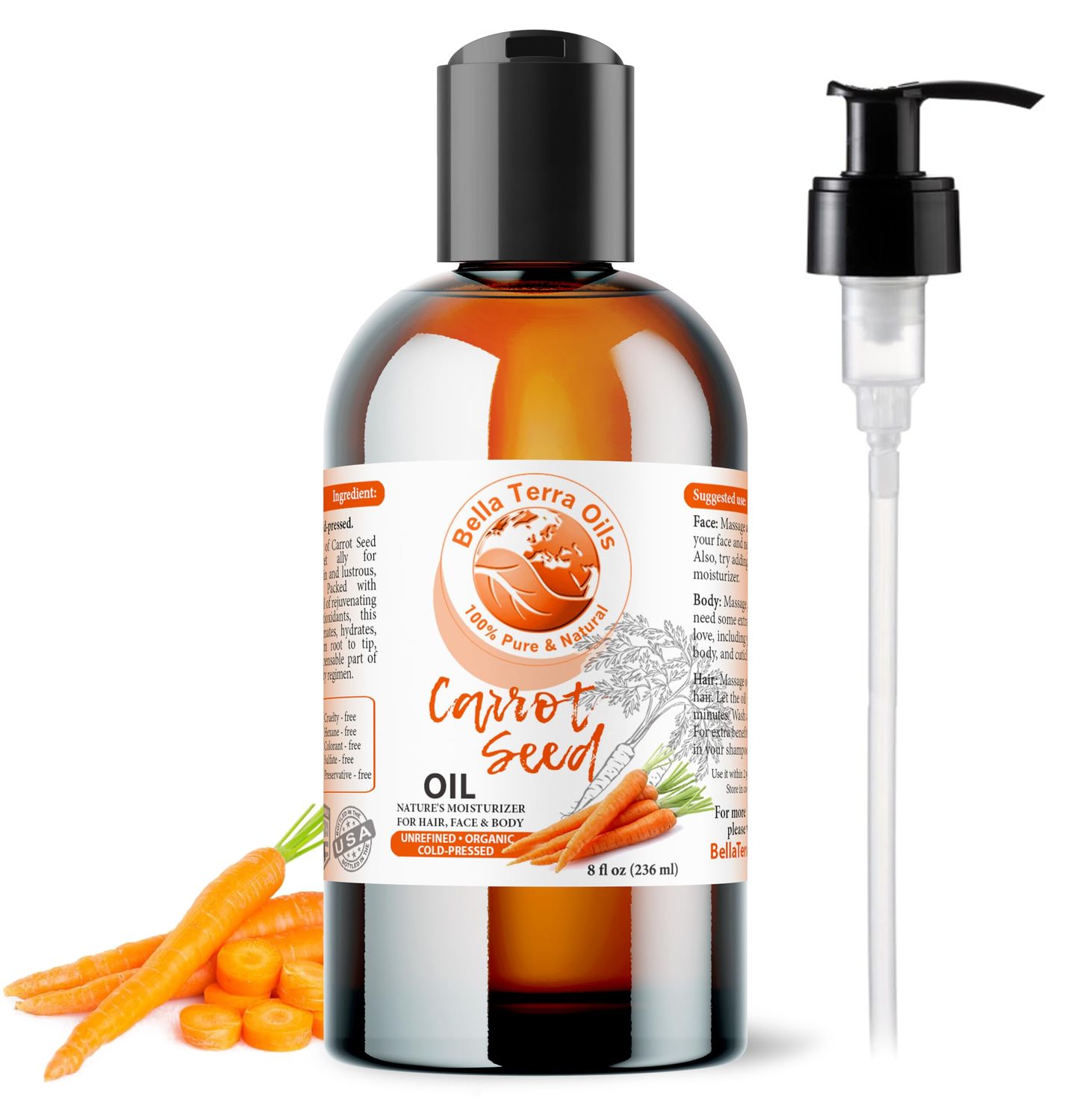 Bella Terra Oils - Organic Carrot Seed Oil 8 oz - Unveiling Organic Carrot's Enzymes &amp; Nutritional Benefits, A Cold-Pressed Delight for a Natural Skin Glow