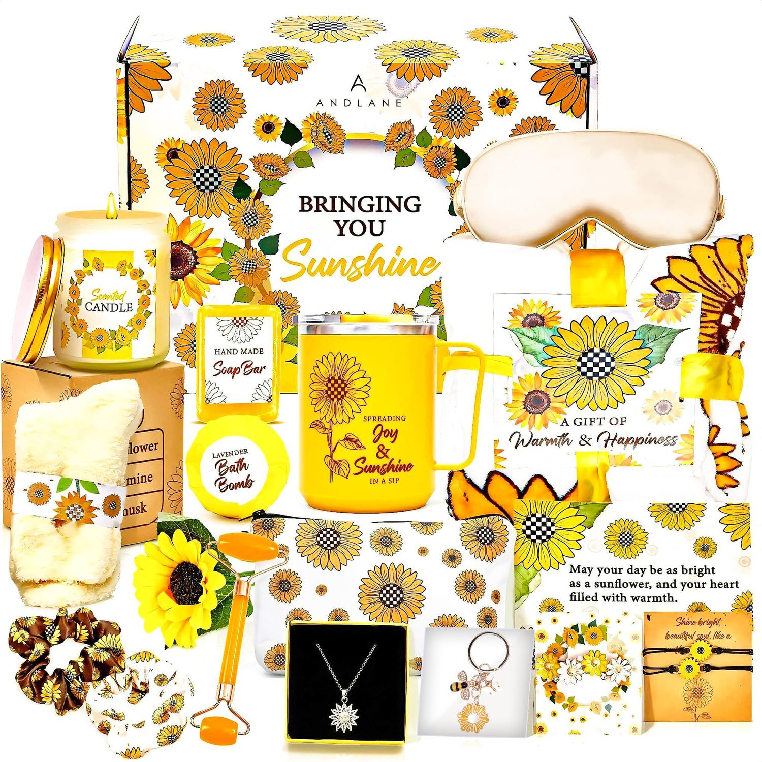18Pcs Gift Baskets for Women - Sunflower Gifts for Women - Birthday Gifts for Women, Best Friend or Sister - Sunshine Box, Get Well Soon, Unique Gift Set, Care Package For Women, Thinking of You
