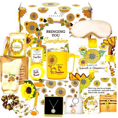18Pcs Gift Baskets for Women - Sunflower Gifts for Women - Birthday Gifts for Women, Best Friend or Sister - Sunshine Box, Get Well Soon, Unique Gift Set, Care Package For Women, Thinking of You