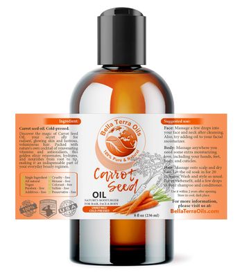 Bella Terra Oils - Organic Carrot Seed Oil 8 oz - Unveiling Organic Carrot's Enzymes & Nutritional Benefits, A Cold-Pressed Delight for a Natural Skin Glow