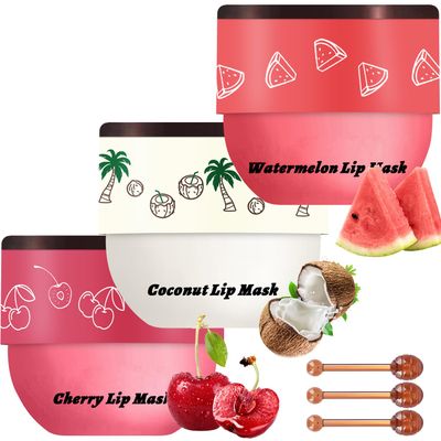 3 PCS Bee Lip Balm Lip Mask Honey Pot, Watermelon &amp; Cherry &amp; Coconut Lip Mask Propolis Moisturizing Lip, Hydrating Prevention Dry and Cracked Lip Scrubs Exfoliator (Watermelon &amp; Cherry &amp; Coconut)