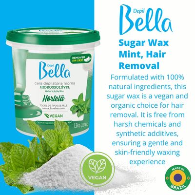 Depil Bella Brazilian Paste Full Body Sugar Wax Mint | Hair Removal for Professional or Personal Use | 100% Natural, Vegan, Organic | For All Skin Types | 2.87lbs