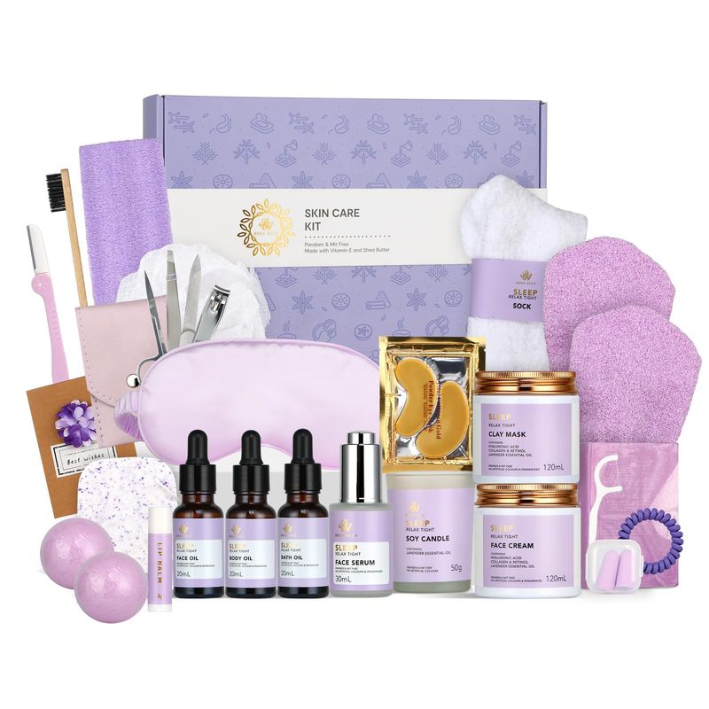 Facial Skin Care Set &amp; Spa Kit - Mothers Day Gift Ideas, Self-care Relaxation Gifts, Skin Care Collection with Essential Oils, Hyaluronic Acid, Vitamin E. (Lavender)