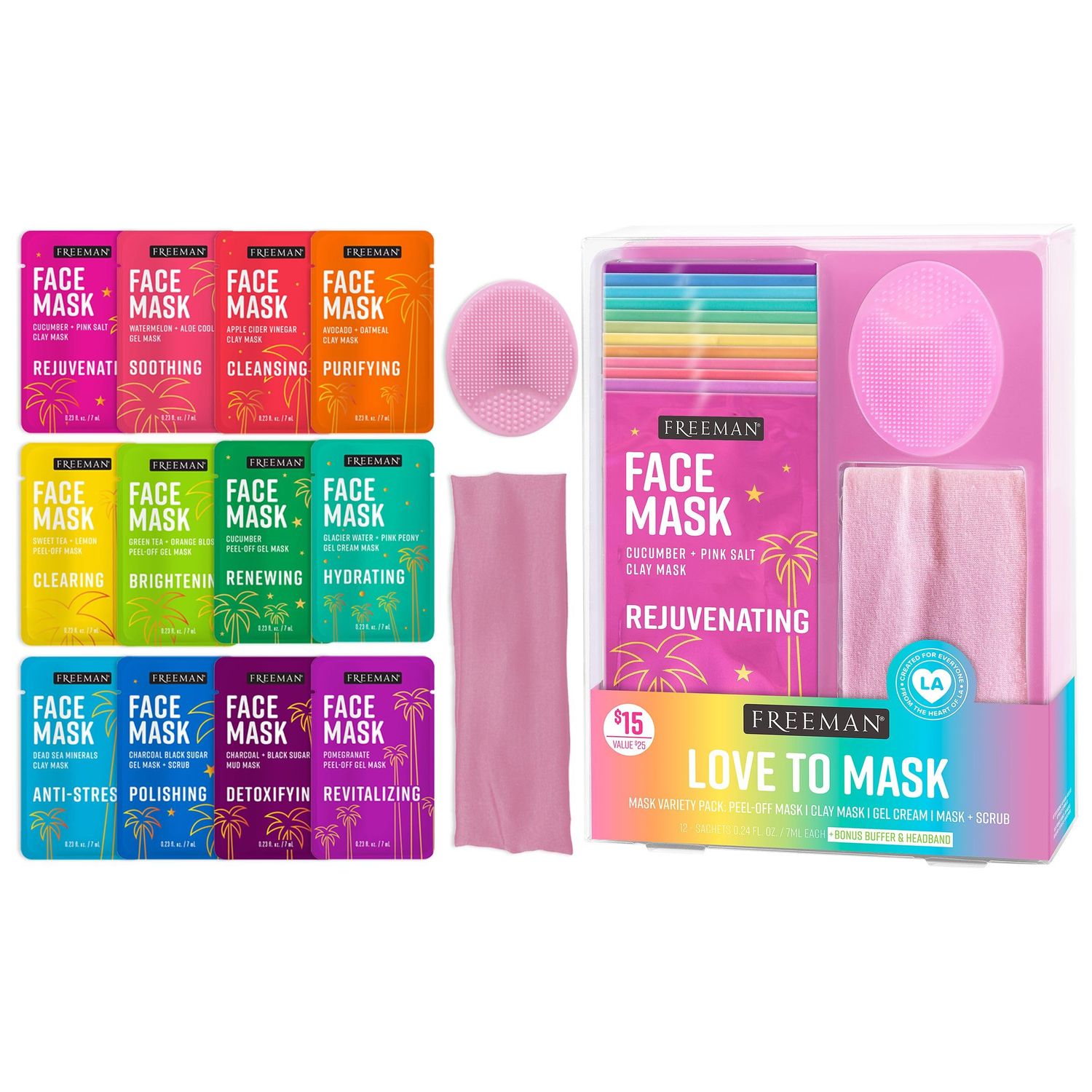 Freeman 14 Piece Love To Mask Variety Pack, Facial Masks For All Skin Types, Hydrate, Detoxify, &amp; Clear Skin, Exfoliating Scrub, Bonus Headband and Skin Buffer, Face Masks Are Cruelty-Free &amp; Vegan