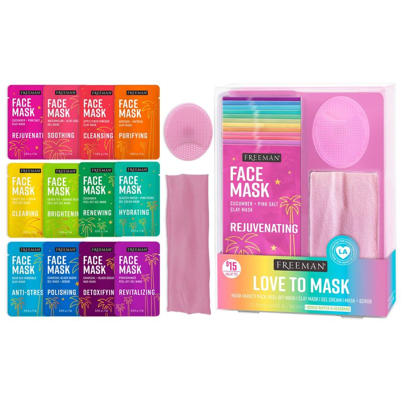 Freeman 14 Piece Love To Mask Variety Pack, Facial Masks For All Skin Types, Hydrate, Detoxify, &amp; Clear Skin, Exfoliating Scrub, Bonus Headband and Skin Buffer, Face Masks Are Cruelty-Free &amp; Vegan