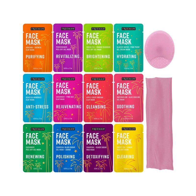 Freeman 14 Piece Love To Mask Variety Pack, Facial Masks For All Skin Types, Hydrate, Detoxify, &amp; Clear Skin, Exfoliating Scrub, Bonus Headband and Skin Buffer, Face Masks Are Cruelty-Free &amp; Vegan