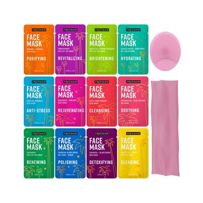Freeman 14 Piece Love To Mask Variety Pack, Facial Masks For All Skin Types, Hydrate, Detoxify, & Clear Skin, Exfoliating Scrub, Bonus Headband and Skin Buffer, Face Masks Are Cruelty-Free & Vegan