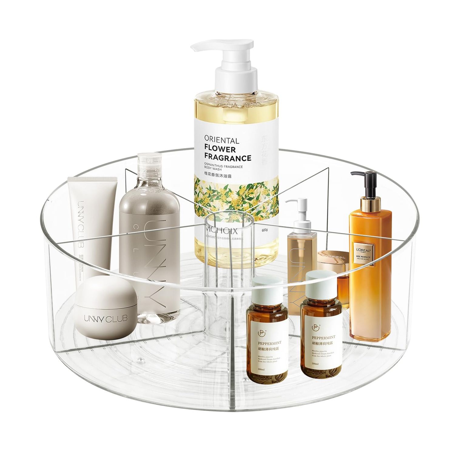 360 Rotating Makeup Organizer 11.5&quot; Clear Turntable Lazy Susan Organizer for Vanity, Bathroom Counter, Pantry, Cabinet, Spinning Cosmetic Storage Holder with 5 Dividers for Skincare, Makeup Brushes