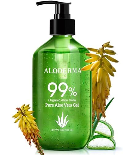Aloderma 99% Organic Aloe Vera Gel Made within 12 Hours of Harvest - Lightweight, Non-Sticky Aloe Gel for Face Body, Hair, &amp; Scalp, After Sun Relief, Natural, Soothing Hydrating Aloe Gel, 10.6oz