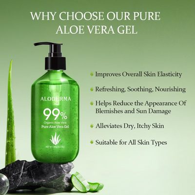 Aloderma 99% Organic Aloe Vera Gel Made within 12 Hours of Harvest - Lightweight, Non-Sticky Aloe Gel for Face Body, Hair, &amp; Scalp, After Sun Relief, Natural, Soothing Hydrating Aloe Gel, 10.6oz