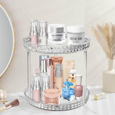 2 Tier Diamond Lazy Susan Bathroom Organizer Countertop, Clear 360 Rotating Cosmetic Makeup Organizer for Vanity, Skincare Organizers Perfume Organizer for Counter - Organization and Storage -9.25INCH