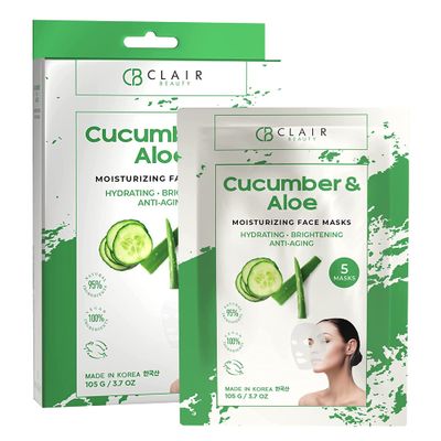 Clear Beauty Cucumber &amp; Aloe Moisturizing Face Mask - Dermatologist Tested, Soothes Irritated Skin, Reduces Wrinkles &amp; Fine Lines, Hydrating, Cruelty-Free Korean Skin Care - All Skin Types