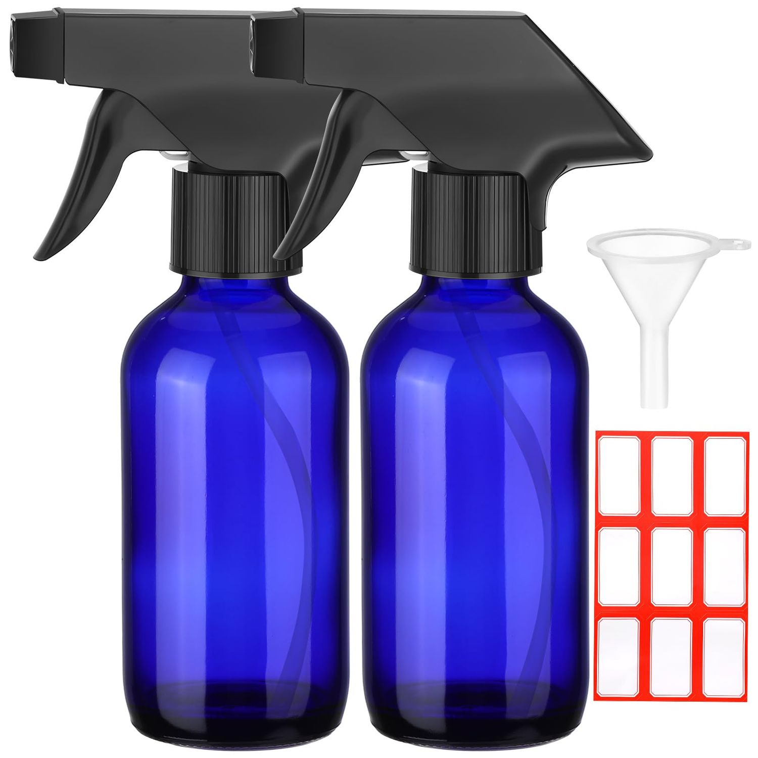 Fumete 2 Pack Glass Spray Bottles 4 oz Hair Spray Bottles small Refillable Empty Bottle with 1 Label 1 Funnel for Hair Essential Oils Travel Plants Cleaning Skin Care(Blue, Black Top)