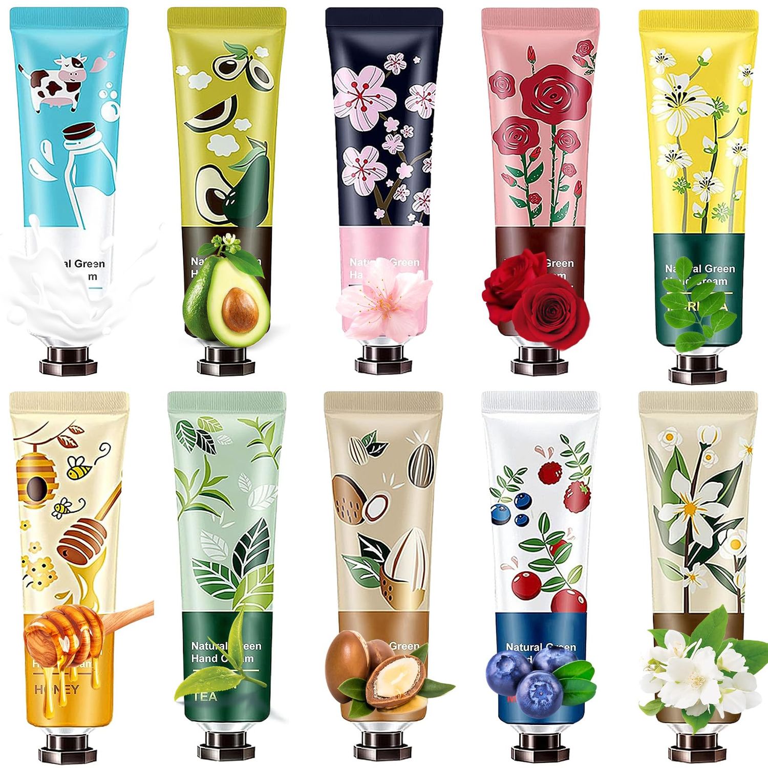 DuoZeng 10 Pcs Plant Fragrance Hand Cream for Dry Hands,Moisturizing Cream Hand Lotion Travel Gifts Set,Hand Care Cream Hand Lotion Travel Size with Avocado Shea Butter &amp; Green Tea for Women &amp; Men