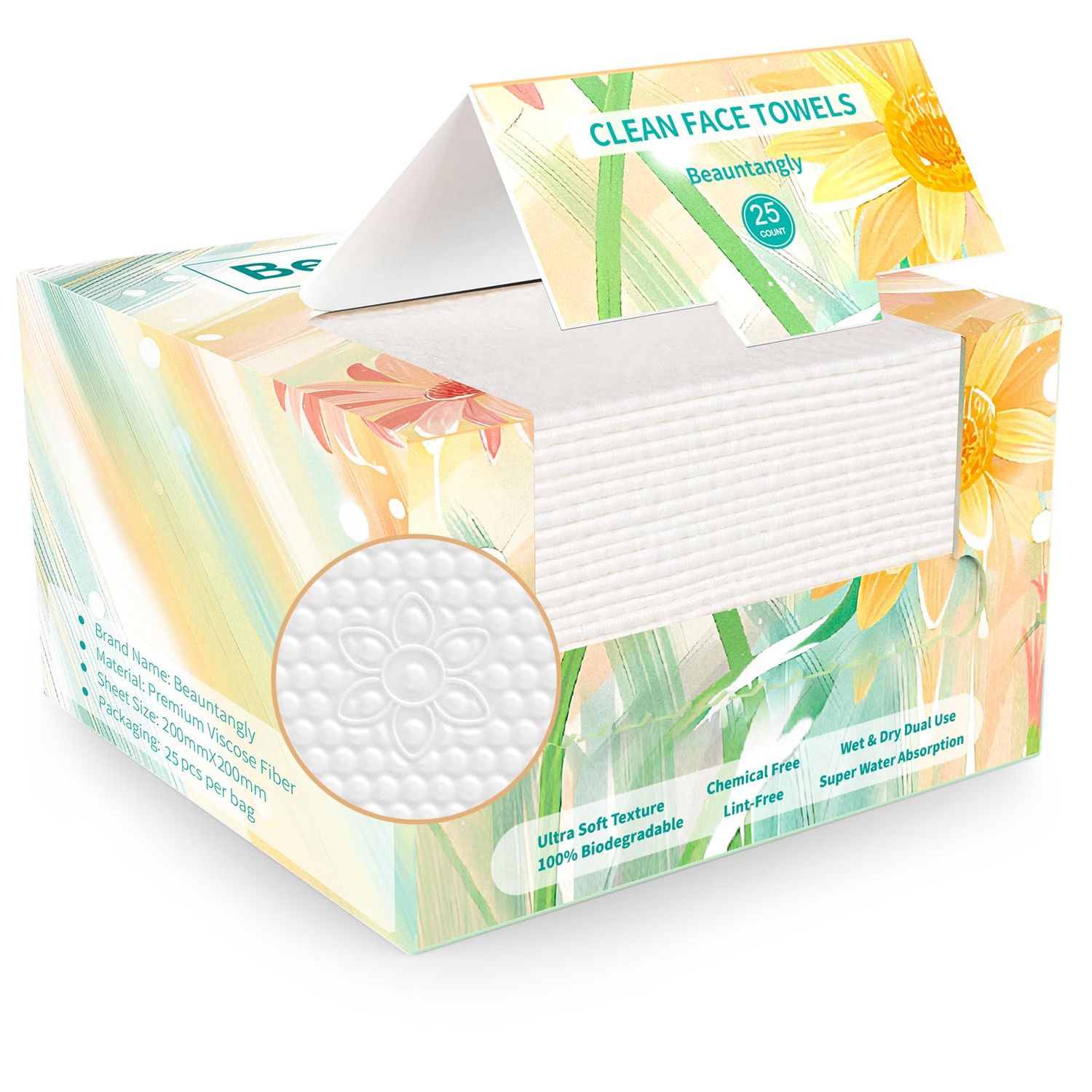 Disposable Face Towel, Facial Towelettes Soft Thick Absorbent, Lint-Free Biodegradable Makeup Remover Dry Wipes for Skin Care Washing Drying Nursing Camping Travel Essentials, 25 Ct