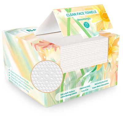 Disposable Face Towel, Facial Towelettes Soft Thick Absorbent, Lint-Free Biodegradable Makeup Remover Dry Wipes for Skin Care Washing Drying Nursing Camping Travel Essentials, 25 Ct