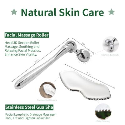 Gua Sha Facial Tools Stainless Steel &amp; Face Roller Massager Skin Set, Metal Guasha Facial Roller Massage Tool Natural Skin Care for Face Neck Body, Reduce Puffiness Remove Wrinkles, Gift for Women