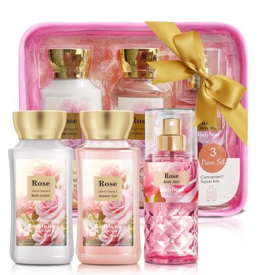 Bath and Body Gift Set for Women &amp; Girls, Rose 3PCS Set for - Shower Gel, Body Lotion, Body Mist, Personal Portable Body Care Travel Set, Home Spa Set for Birthday Christmas New Year Gifts for Her