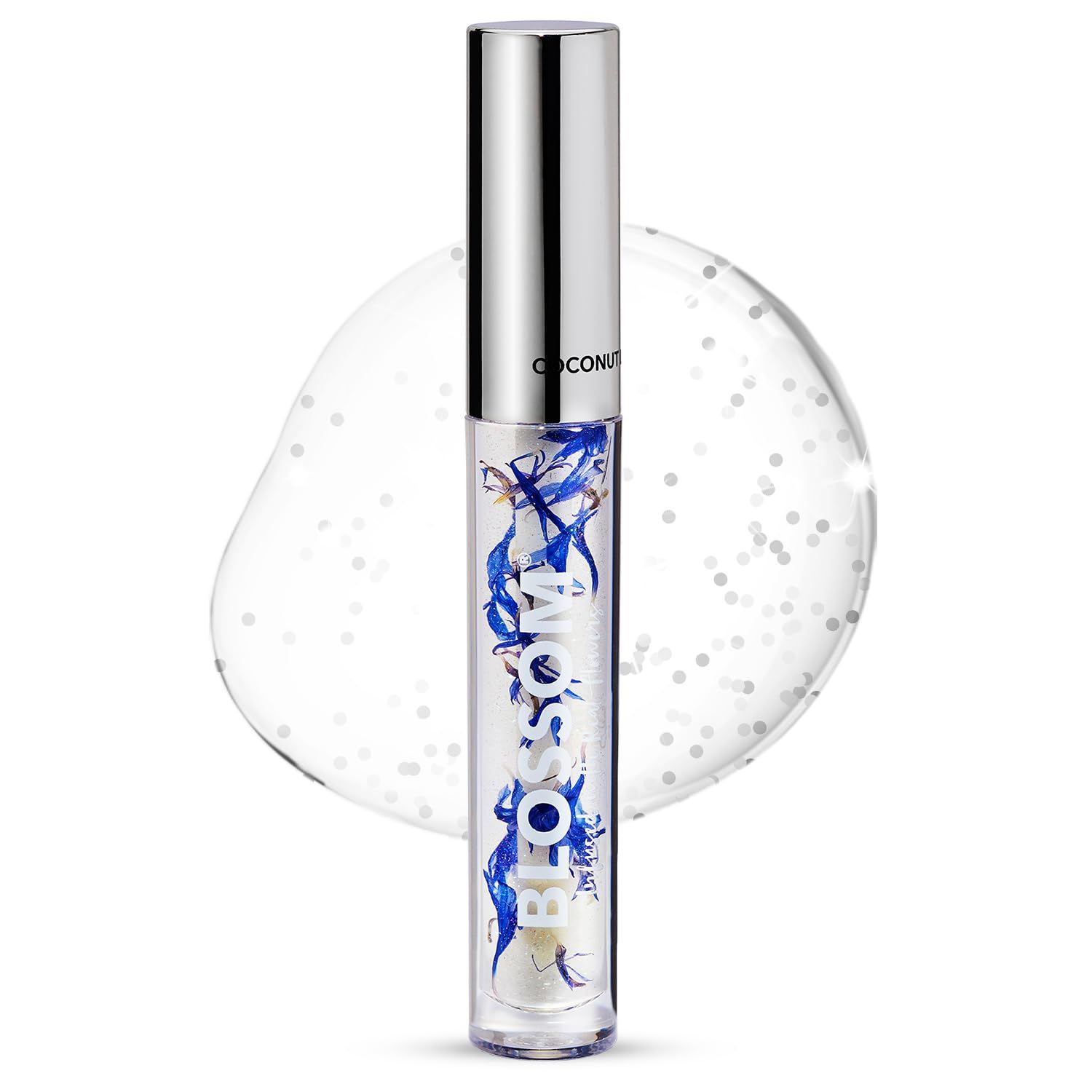 Blossom Lip Gloss &amp; Lip Oil with Olive Oil + Grape Seed Oil, Moisturizing and Hydrating Shimmer Sparkle, Infused with Real Flowers, 3g, Coconut