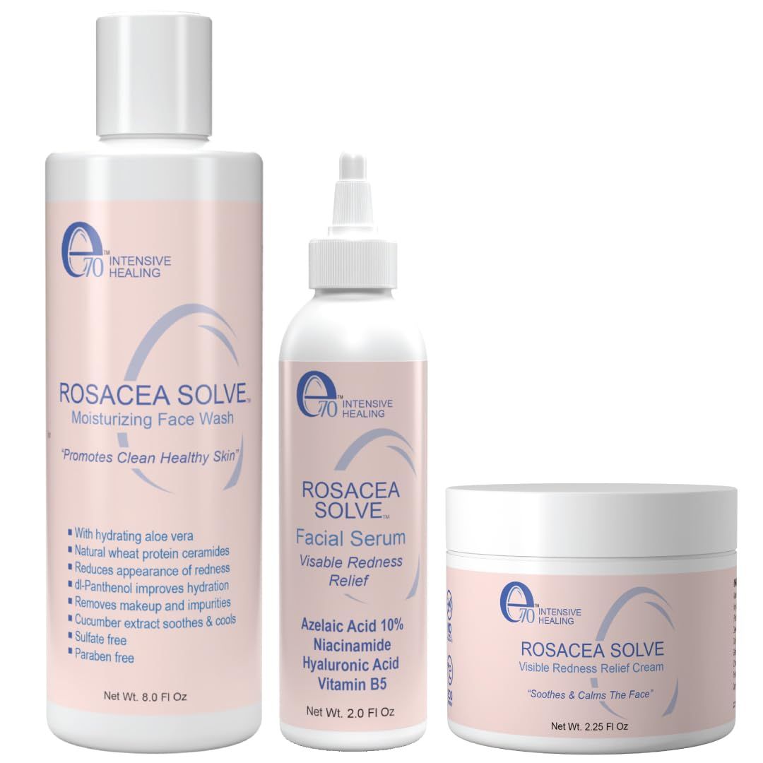 E70 Rosacea Solve Set - Rosacea Treatment Will Visibly Reduce Redness, Dermatitis, And Irritation - For All Skin Types - Includes Anti-Redness Face Cream, Facial Serum And Moisturizing Face Wash
