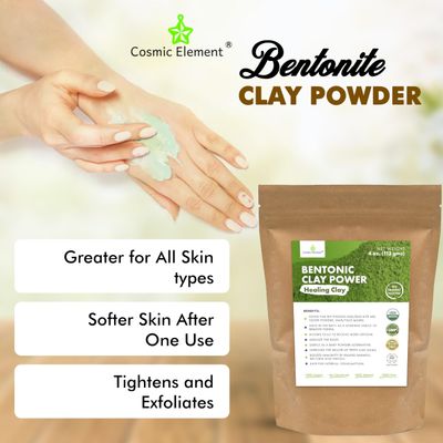 Cosmic Element 100% Pure Calcium Bentonite Clay Powder - Bentonite Clay Food Grade, Vegan, Healing Clay | Skin Care Detox - Deep Pore Cleansing Face & Body Mask for Soft, Smooth, Refreshed Skin | 4 oz