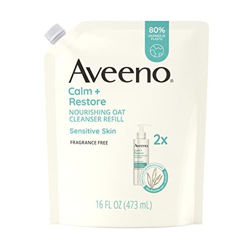 Aveeno Calm + Restore Nourishing Oat Facial Cleanser for Sensitive Skin, Gentle Face Wash with Nourishing Oat &amp; Calming Feverfew, Hypoallergenic, Fragrance-Free, Refill Pouch, 16 fl. oz